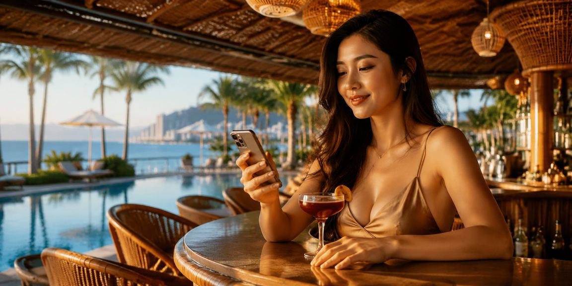 Người chơi thử slot game mới tại Nha Trang với nón lá truyền thống Việt Nam